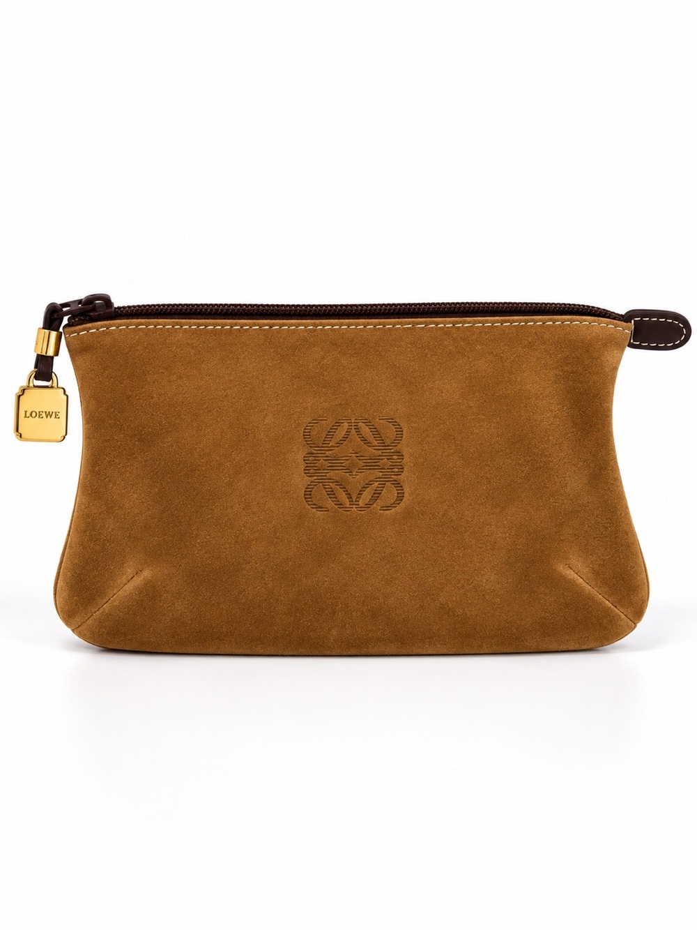 Loewe Vintage Brown Suede Leather Anagram Logo Zip Pouch Clutch Bag